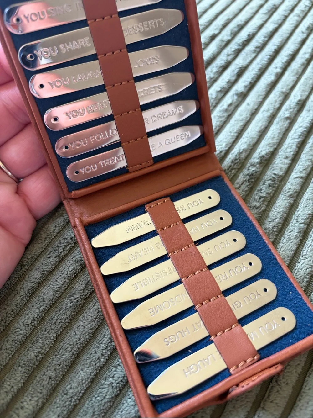 Halcyon Days Men’s Leather Inspirational Collar Tabs Set with Embossed Logo NWOT
